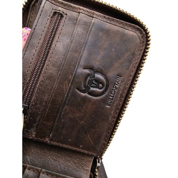 Bull Captain - Mens Zip Open Genuine Leather Wallet Brown - Picture 5 of 6